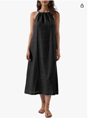 Amazhiyu Womens Linen Halter Sleeveless Midi Dress Tie Back with Belt Pockets S